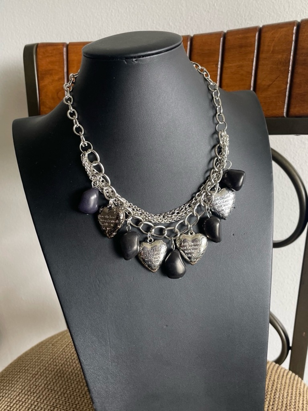 Silver Tone Heart Charm Necklace with Black Beads - Women Jewelry
